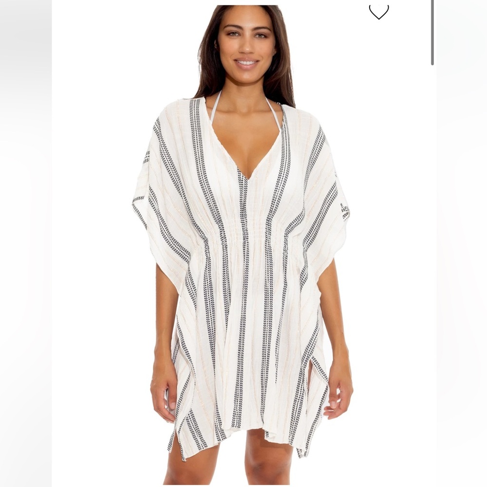 Becca Radiance Woven Tunic Cover Up Striped Metallic Kaftan Beach Coastal Os